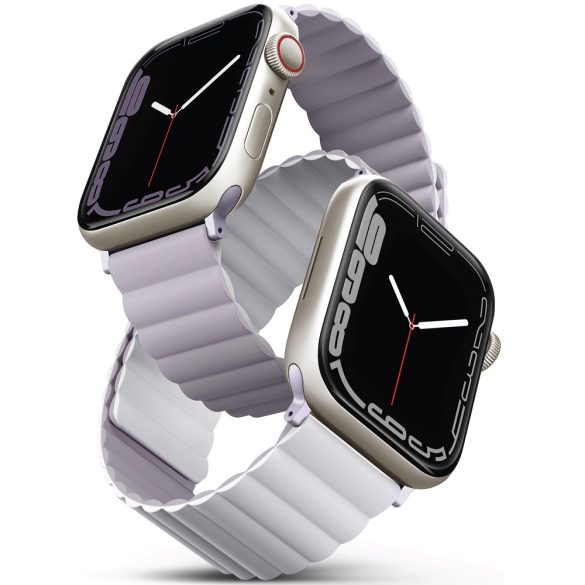 Apple Watch 1-6, SE (38 / 40 mm) / Watch 7 (41 mm), szilikon pótszíj, mágneses zár, kétszínű, két oldalas, megfordítható, Uniq Revix, lila/fehér