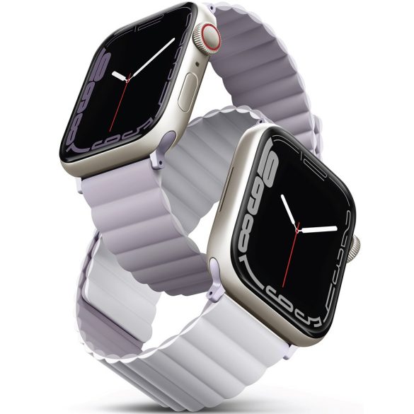 Apple Watch 1-6, SE (42 / 44 mm) / Watch 7-8 (45 mm) / Watch Ultra (49 mm), szilikon pótszíj, mágneses zár, kétszínű, két oldalas, megfordítható, Uniq Revix, lila/fehér