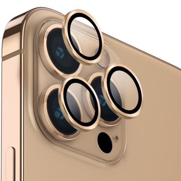 Apple iPhone 14 Pro / 14 Pro Max, Kamera lencsevédő fólia, ütésálló fólia, Tempered Glass (edzett üveg), alumínium keret, Uniq Optix, arany