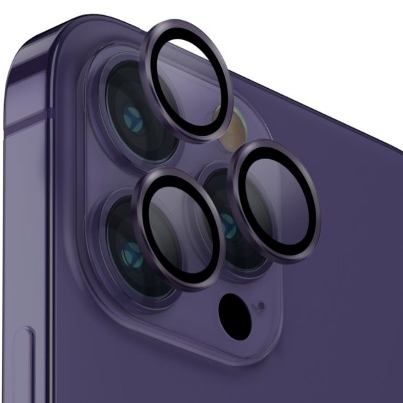 Apple iPhone 14 Pro / 14 Pro Max, Kamera lencsevédő fólia, ütésálló fólia, Tempered Glass (edzett üveg), alumínium keret, Uniq Optix, lila