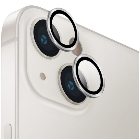 Apple iPhone 14 / 14 Plus, Kamera lencsevédő fólia, ütésálló fólia, Tempered Glass (edzett üveg), alumínium keret, Uniq Optix, ezüst