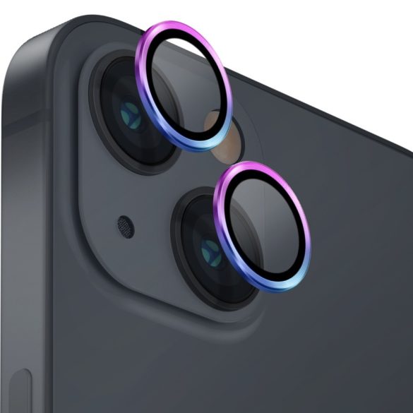 Apple iPhone 14 / 14 Plus, Kamera lencsevédő fólia, ütésálló fólia, Tempered Glass (edzett üveg), alumínium keret, színátmenetes, Uniq Optix, színes