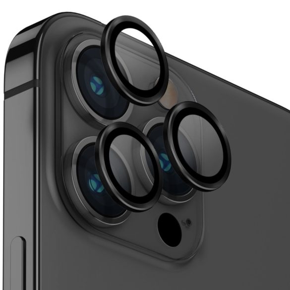 Apple iPhone 14 Pro / 14 Pro Max, Kamera lencsevédő fólia, ütésálló fólia, Tempered Glass (edzett üveg), alumínium keret, Uniq Optix, fekete