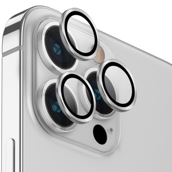 Apple iPhone 14 Pro / 14 Pro Max, Kamera lencsevédő fólia, ütésálló fólia, Tempered Glass (edzett üveg), alumínium keret, Uniq Optix, ezüst