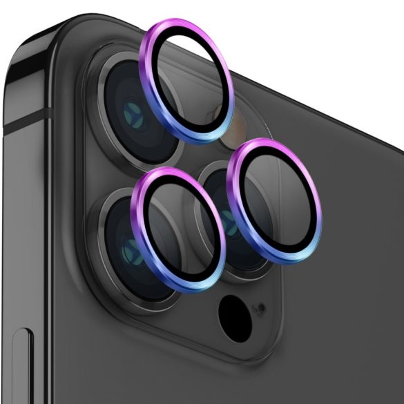 Apple iPhone 14 Pro / 14 Pro Max, Kamera lencsevédő fólia, ütésálló fólia, Tempered Glass (edzett üveg), alumínium keret, színátmenetes, Uniq Optix, színes