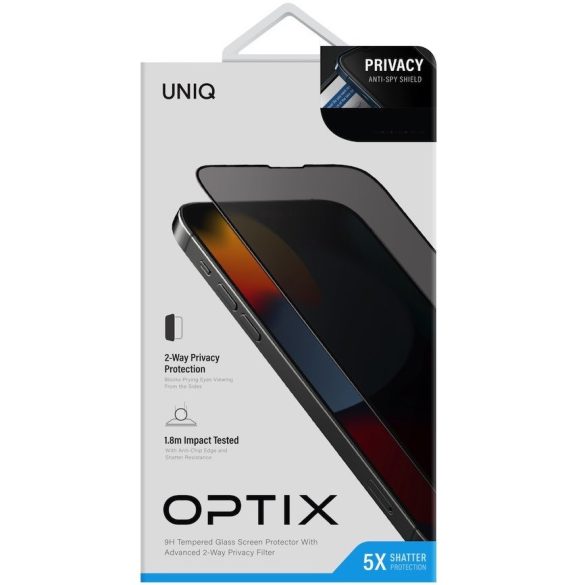 Apple iPhone 14 Pro Max, Kijelzővédő fólia, ütésálló fólia (az íves részre is!), Tempered Glass (edzett üveg), Uniq Optix Privacy, fekete