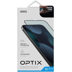   Apple iPhone 14 Pro, Kijelzővédő fólia, ütésálló fólia (az íves részre is!), Tempered Glass (edzett üveg), Anti Blue Ray, Uniq Optix VisionCare, fekete