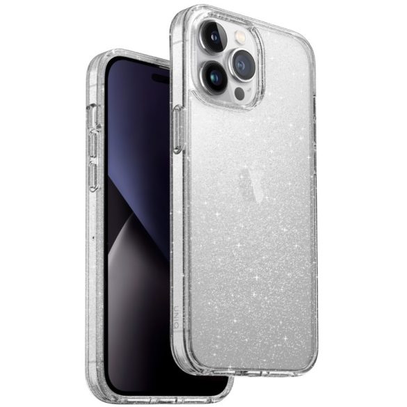 Apple iPhone 14 Pro Max, Szilikon keret + műanyag hátlap, közepesen ütésálló, légpárnás sarok, csillogó hátlap, Uniq Lifepro Xtreme, átlátszó