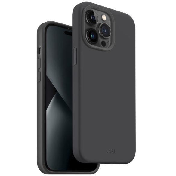 Apple iPhone 14, Szilikon tok, közepesen ütésálló, cserélhető hátsó kamera keret, Magsafe töltővel kompatibilis, Uniq Lino Hue, fekete