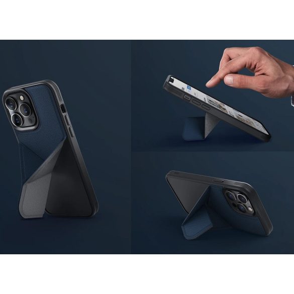 Apple iPhone 14, Szilikon tok, stand, hajtogatható hátlap borítás, Magsafe töltővel kompatibilis, Uniq Transforma MagClick, kék