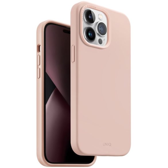 Apple iPhone 14 Pro Max, Szilikon tok, közepesen ütésálló, cserélhető hátsó kamera keret, Magsafe töltővel kompatibilis, Uniq Lino Hue, rózsaszín
