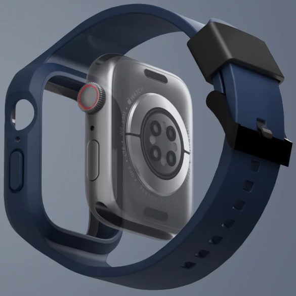 Apple Watch 1-6, SE (44 mm) / Watch 7-8 (45 mm), Műanyag + szilikon védőkeret, szíjjal, közepesen ütésálló, Uniq Monos, fekete