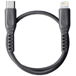 USB Type-C töltő- és adatkábel, Lightning, 30 cm, 3000 mA, 18W, törésgátlóval, gyorstöltés, PD, Uniq Flex, szürke