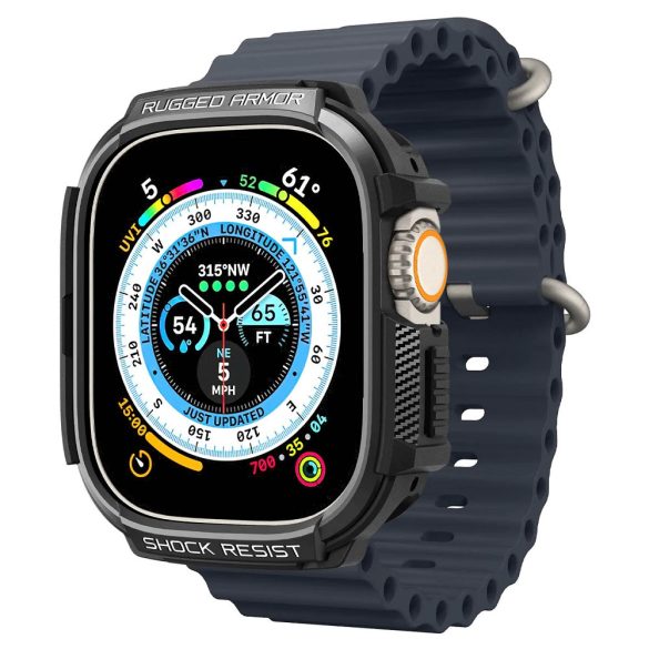 Apple Watch Ultra (49 mm), Szilikon védőkeret, ütésálló, szíj nélkül, Spigen Rugged Armor, fekete