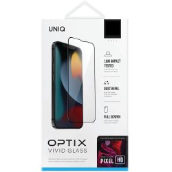   Apple iPhone 14 Pro, Kijelzővédő fólia, ütésálló fólia (az íves részre is!), Tempered Glass (edzett üveg), Uniq Optix Vivid Pro, fekete