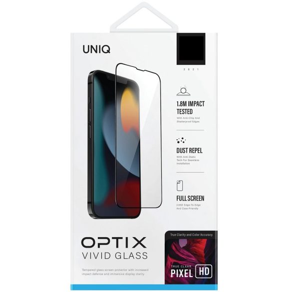 Apple iPhone 14 Pro, Kijelzővédő fólia, ütésálló fólia (az íves részre is!), Tempered Glass (edzett üveg), Uniq Optix Vivid Pro, fekete