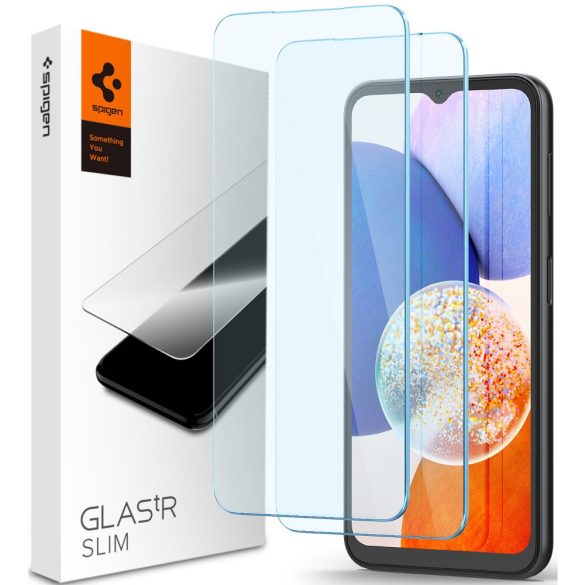 Samsung Galaxy A14 4G / A14 5G SM-A145F / A146B, Kijelzővédő fólia, (az íves részre NEM hajlik rá!), Tempered Glass (edzett üveg), Spigen Glastr Slim, Clear, 2 db / csomag