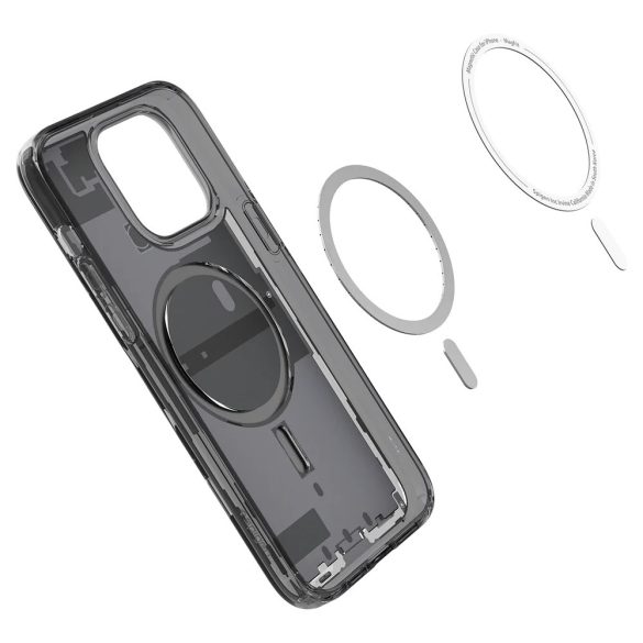 Apple iPhone 14 Pro Max, Műanyag hátlap védőtok + szilikon keret, Magsafe töltővel kompatibilis, iPhone belső minta, Spigen Ultra Hybrid Zero One Mag, átlátszó/füst