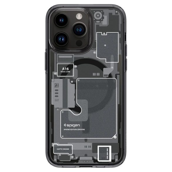 Apple iPhone 14 Pro Max, Műanyag hátlap védőtok + szilikon keret, Magsafe töltővel kompatibilis, iPhone belső minta, Spigen Ultra Hybrid Zero One Mag, átlátszó/füst