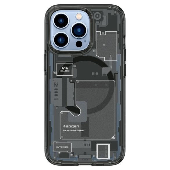 Apple iPhone 13 Pro, Műanyag hátlap védőtok + szilikon keret, Magsafe töltővel kompatibilis, iPhone belső minta, Spigen Ultra Hybrid Zero One Mag, átlátszó/füst