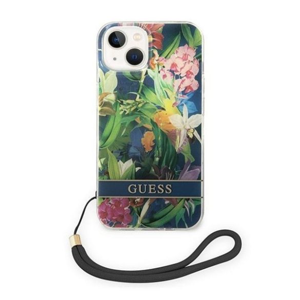 Guess Flower Strap Apple iPhone 14 hátlap tok, kék