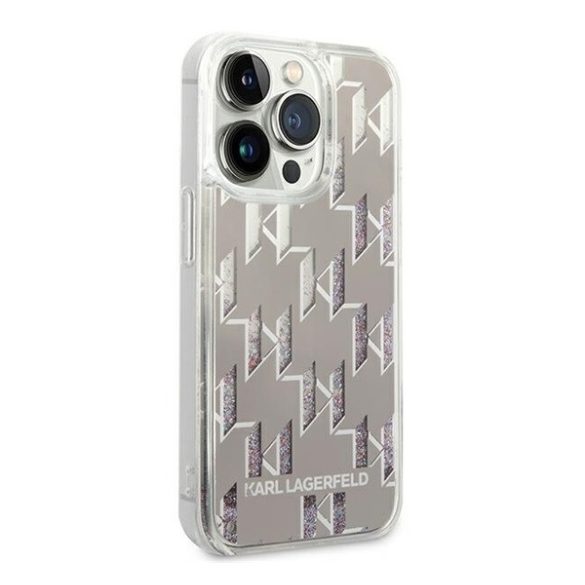 Karl Lagerfeld Liquid Glitter Monogram Apple iPhone 14 Pro hátlap tok, ezüst