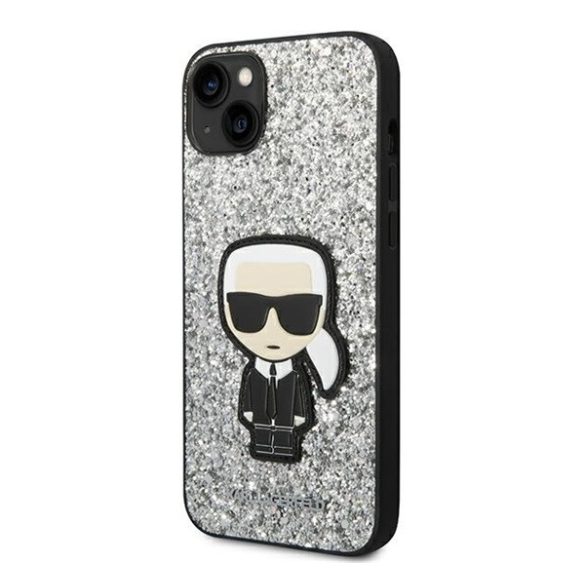 Karl Lagerfeld Glitter Flakes Ikonik Apple iPhone 14 Plus hátlap tok, ezüst