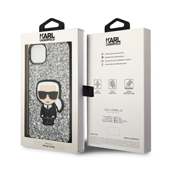 Karl Lagerfeld Glitter Flakes Ikonik Apple iPhone 14 Plus hátlap tok, ezüst