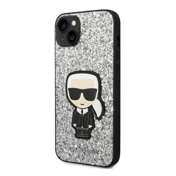 Karl Lagerfeld Glitter Flakes Ikonik Apple iPhone 14 hátlap tok, ezüst