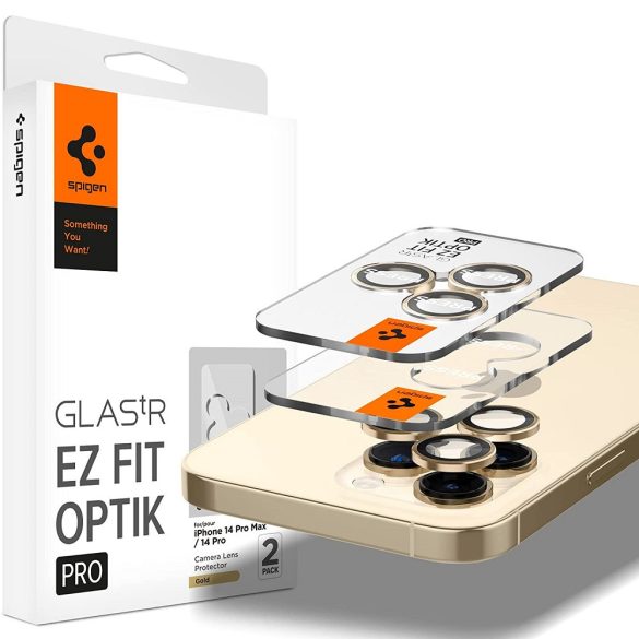 Apple iPhone 14 Pro / 14 Pro Max, Kamera lencsevédő fólia, ütésálló fólia, Tempered Glass (edzett üveg), Spigen Glastr Ez Fit Optik Pro, arany, 2 db / csomag