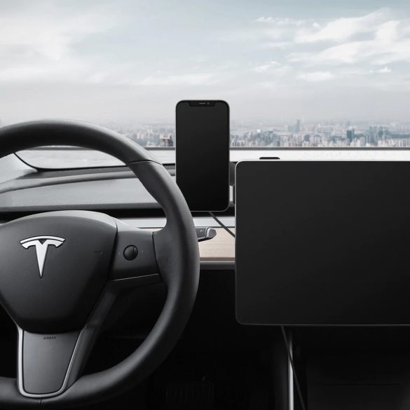 Autós tartó, Tesla modellekhez, képernyőre rögzíthető, 360°-ban forgatható, mágneses, Magsafe kompatibilis, Qi vezeték nélküli töltővel, 7.5W, Spigen Tesla OneTap Pro MagFit ITT90W, fekete