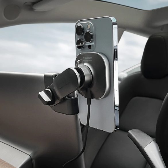 Autós tartó, Tesla modellekhez, képernyőre rögzíthető, 360°-ban forgatható, mágneses, Magsafe kompatibilis, Qi vezeték nélküli töltővel, 7.5W, Spigen Tesla OneTap Pro MagFit ITT90W, fekete