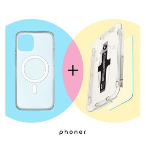 Phoner Mag Pack Apple iPhone 14 Plus Magsafe tok, átlátszó + Master Clear Felhelyező keretes Tempered fólia