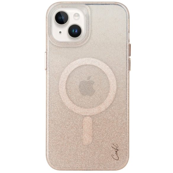 Apple iPhone 14, Szilikon tok, Magsafe töltővel kompatibilis, csillogó, Uniq Coehl Lumino, átlátszó/arany