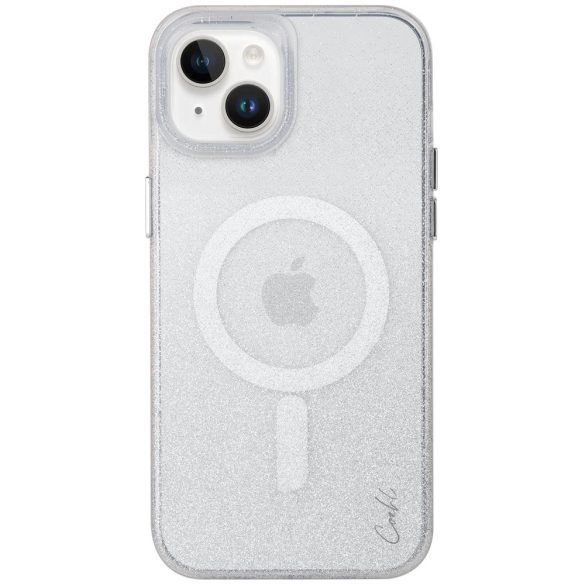 Apple iPhone 14, Szilikon tok, Magsafe töltővel kompatibilis, csillogó, Uniq Coehl Lumino, átlátszó/ezüst