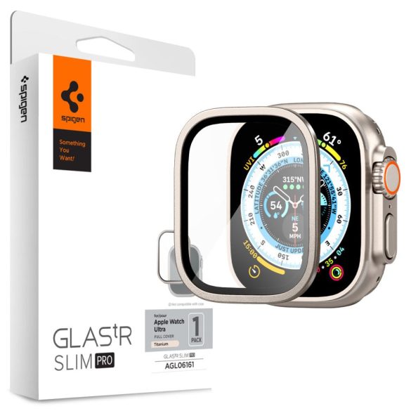 Apple Watch Ultra (49 mm), Kijelzővédő fólia, ütésálló fólia (az íves részre is!), Tempered Glass (edzett üveg), Spigen Glastr Slim Pro, titánium