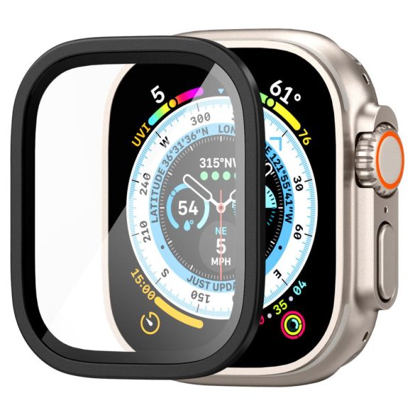 Apple Watch Ultra (49 mm), Kijelzővédő fólia, ütésálló fólia (az íves részre is!), Tempered Glass (edzett üveg), Spigen Glastr Slim Pro, fekete