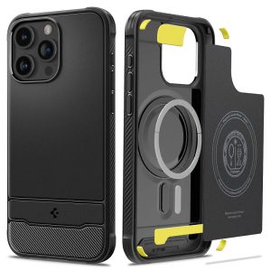 Apple iPhone 15 Pro Max, Szilikon tok + műanyag hátlap, közepesen ütésálló, Magsafe töltővel kompatibilis, karbon minta, Spigen Rugged Armor Mag, fekete