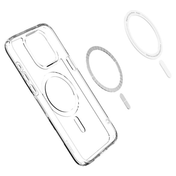 Apple iPhone 15 Pro Max, Műanyag hátlap védőtok + szilikon keret, Magsafe töltővel kompatibilis, Spigen Ultra Hybrid Mag, átlátszó/fehér