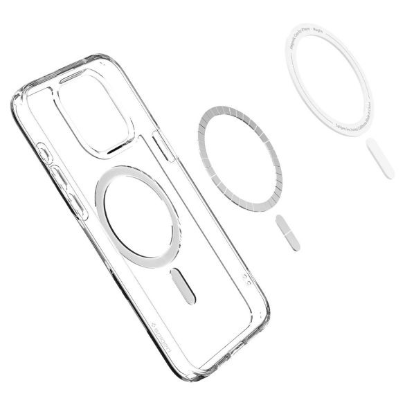 Apple iPhone 15 Pro Max, Műanyag hátlap védőtok + szilikon keret, Magsafe töltővel kompatibilis, Spigen Ultra Hybrid Mag, átlátszó/szürke
