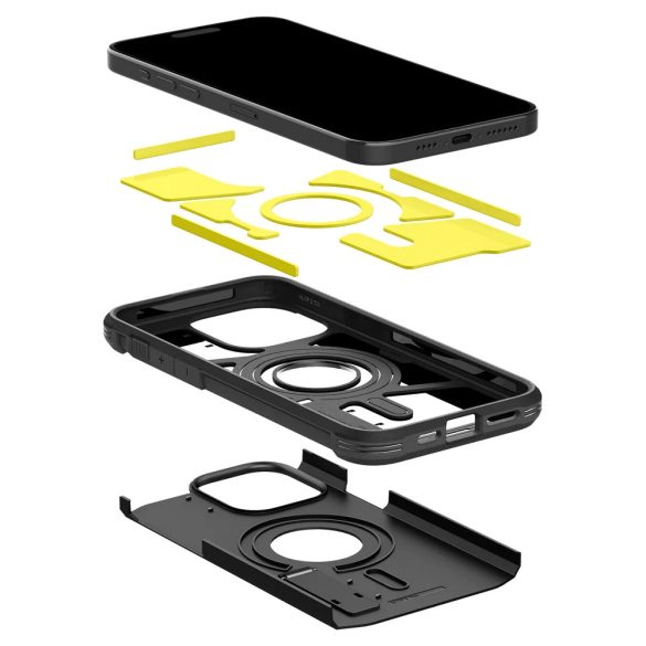Apple iPhone 15 Pro Max, Szilikon tok + műanyag hátlap, Magsafe töltővel kompatibilis, kitámasztóval, Spigen Tough Armor Mag, fekete