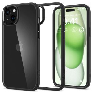 Apple iPhone 15 Plus, Műanyag hátlap védőtok + szilikon keret, Spigen Ultra Hybrid, átlátszó/fekete