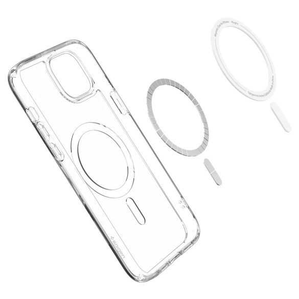 Apple iPhone 15 Plus, Műanyag hátlap védőtok + szilikon keret, Magsafe töltővel kompatibilis, Spigen Ultra Hybrid Mag, átlátszó/fehér