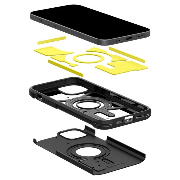 Apple iPhone 15 Plus, Szilikon tok + műanyag hátlap, Magsafe töltővel kompatibilis, kitámasztóval, Spigen Tough Armor Mag, fekete