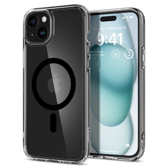 Apple iPhone 15, Műanyag hátlap védőtok + szilikon keret, Magsafe töltővel kompatibilis, Spigen Ultra Hybrid Mag, átlátszó/fekete