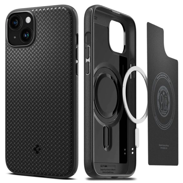Apple iPhone 15, Műanyag hátlap védőtok + szilikon keret, Magsafe töltővel kompatibilis, Spigen Mag Armor, fekete