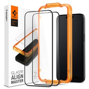 Apple iPhone 15 Plus / 16 Plus, Kijelzővédő fólia, ütésálló fólia (az íves részre is!), Tempered Glass (edzett üveg), Full Cover, Spigen Glastr Alignmaster, fekete - 2 db /csomag