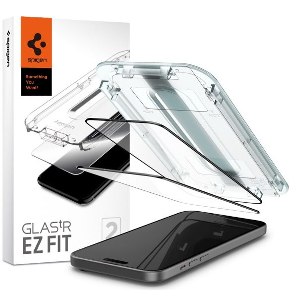 Apple iPhone 15 Plus, Kijelzővédő fólia, ütésálló fólia (az íves részre is!), Tempered Glass (edzett üveg), Spigen Ez Fit, fekete, 2 db / csomag