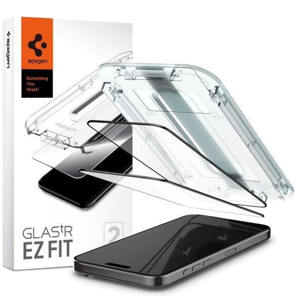 Apple iPhone 15 Pro, Kijelzővédő fólia, ütésálló fólia (az íves részre is!), Tempered Glass (edzett üveg), Spigen Ez Fit, fekete, 2 db / csomag
