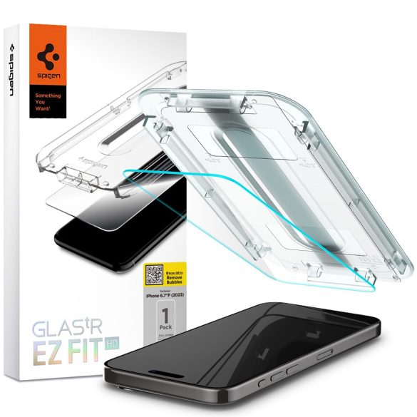 Apple iPhone 15 Pro Max, Kijelzővédő fólia, ütésálló fólia (az íves részre is!), Tempered Glass (edzett üveg), Spigen Ez Fit HD, Clear